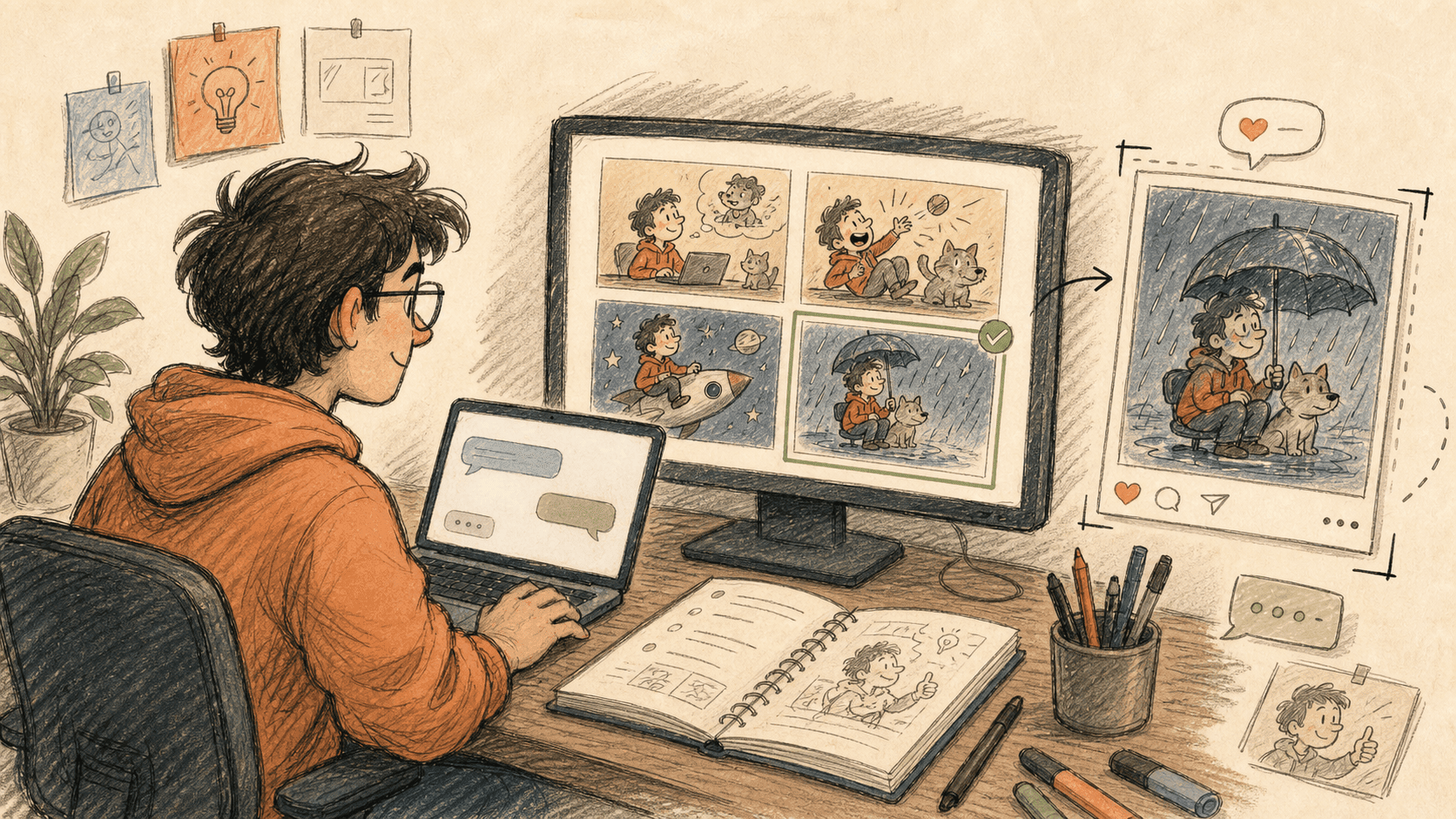 AI で editorial comic visual を生成 のワークフロー図