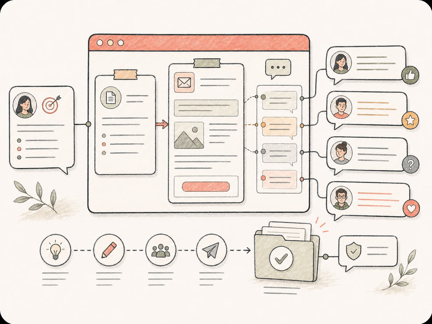 Flujo ilustrado de revisión de correo en equipo con instrucciones, borrador, comentarios, avatares de roles y carpeta de versiones aprobadas.