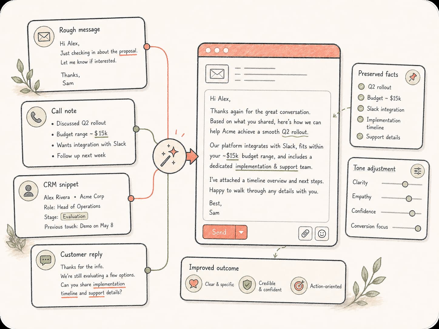 Flujo ilustrado de reescritura de correo que muestra un mensaje borrador, notas de llamada, datos de CRM y respuestas de clientes transformándose en un borrador refinado con datos clave y control de tono.