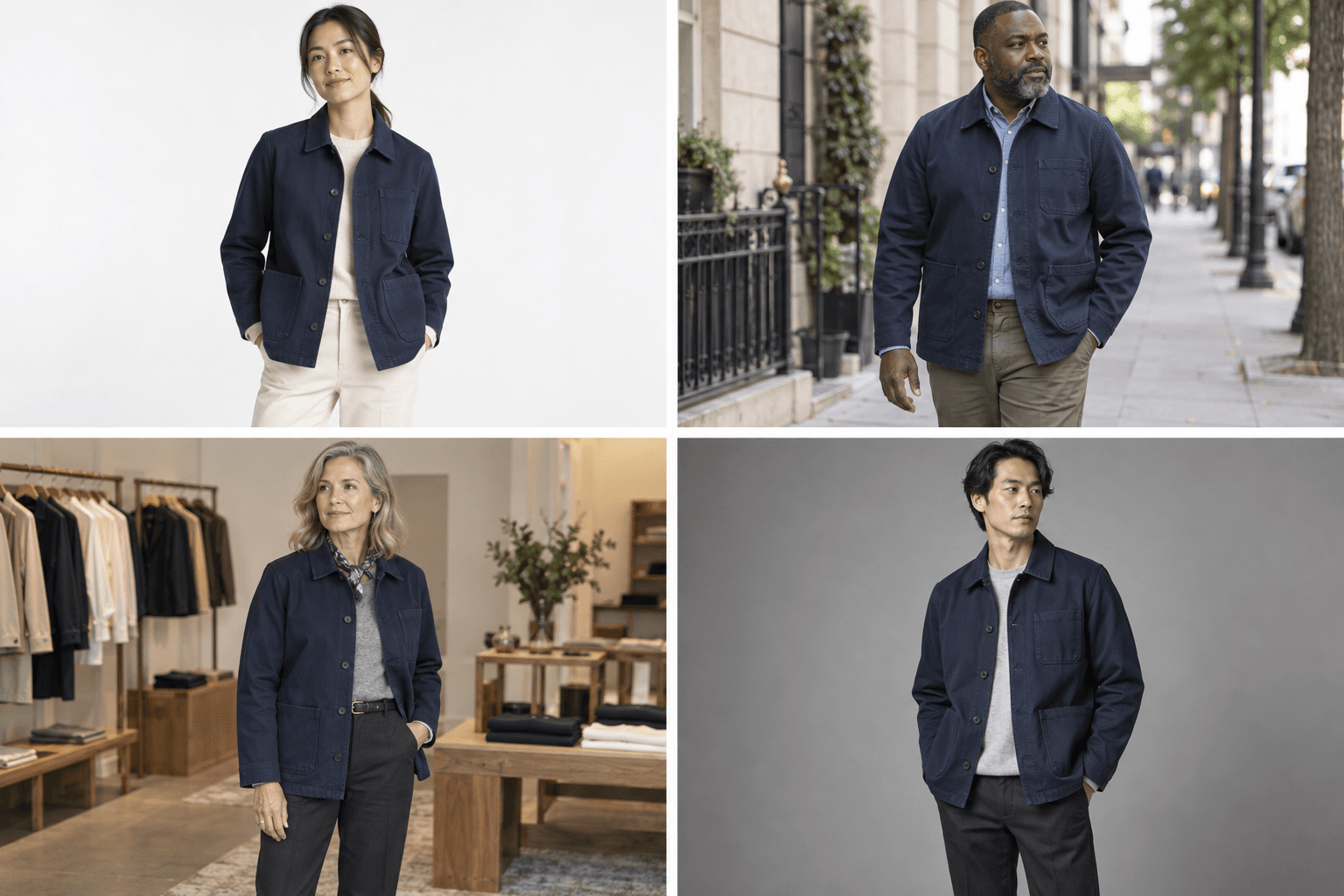 Quatro modelos a usar um casaco azul marinho num estúdio, na rua e numa loja de roupa