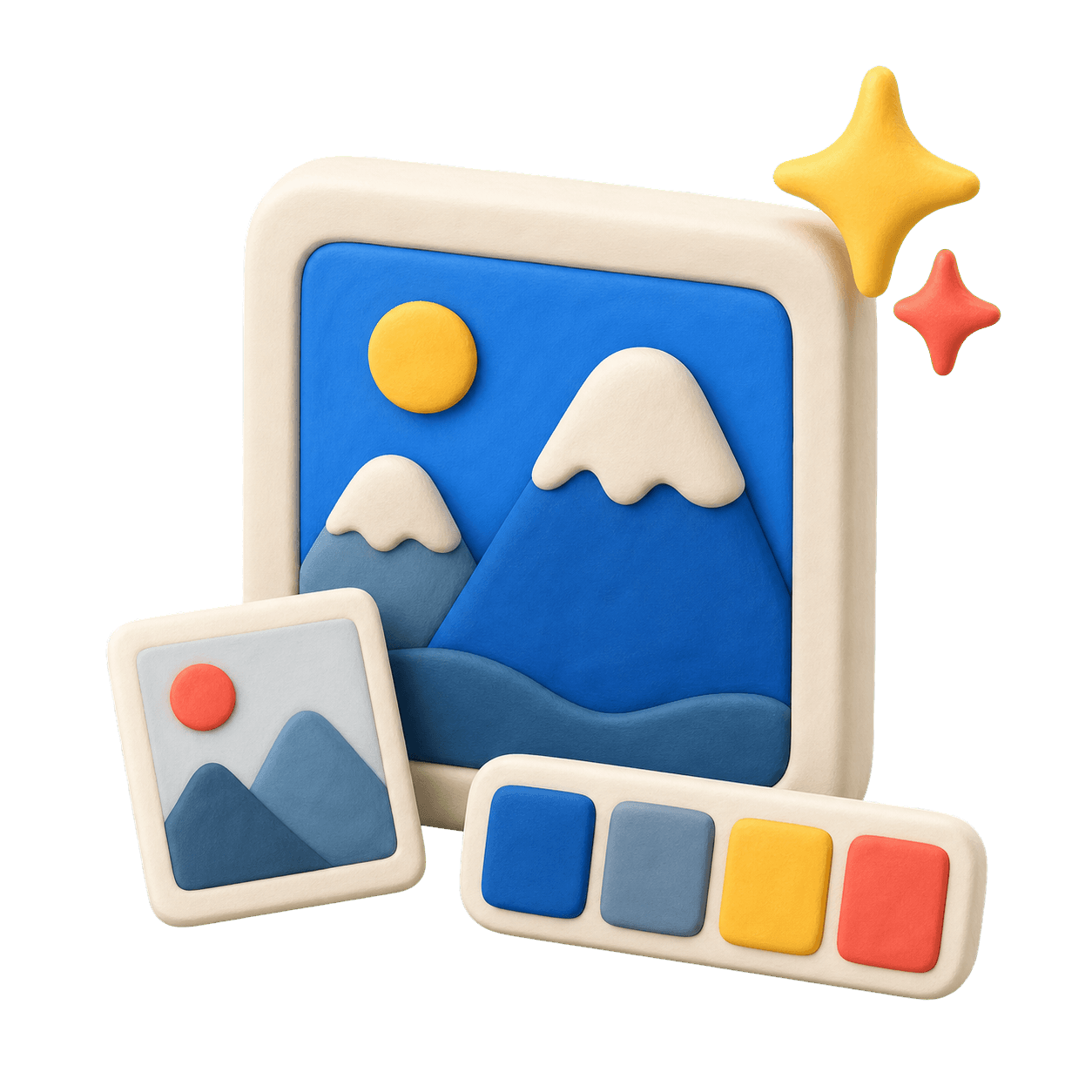 3D-Bildfläche, Bildkarte und Farbpalette im Knetstil.