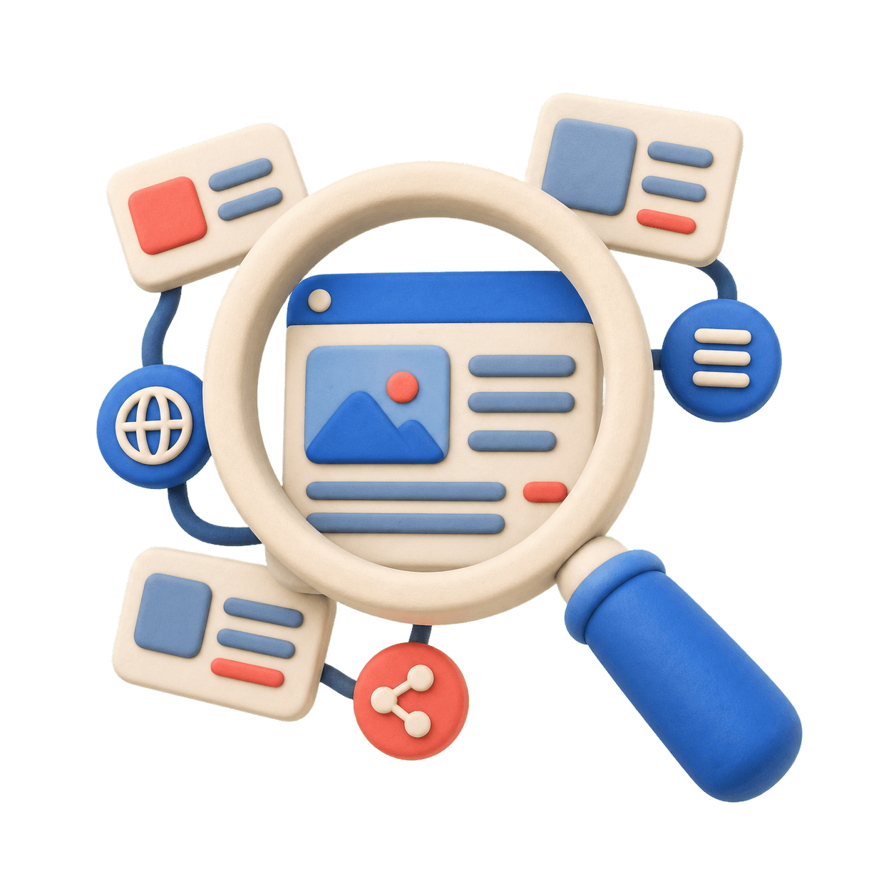 3D-Lupe im Knetstil, die Webseiten und Informationsquellen untersucht.