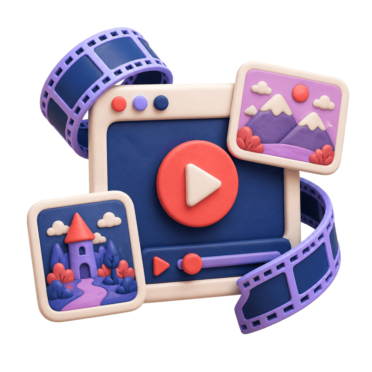 3D-Videoplayer im Knetstil mit Filmstreifen und Vorschaubildern generierter Szenen.
