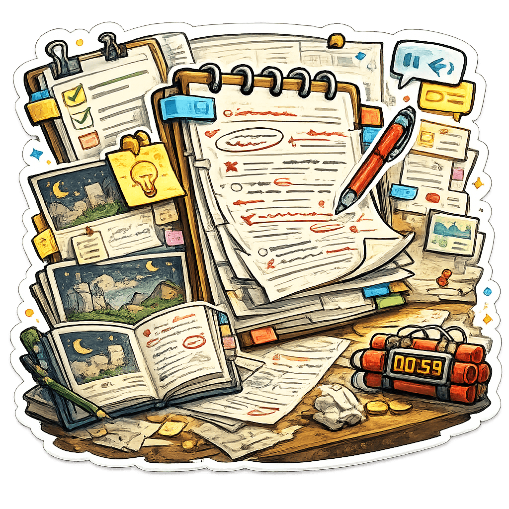 Secretária de revisão desenhada à mão com páginas de manuscrito anotadas, painéis de storyboard, comentários, listas de verificação e um temporizador para aperfeiçoar cenas e prompts de imagem.