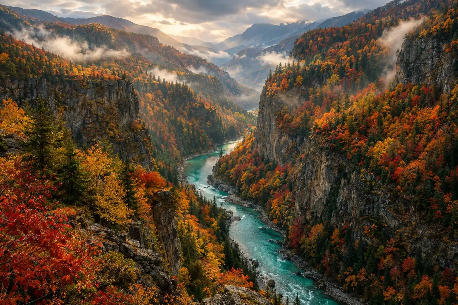 Sonbahar renklerine bürünmüş bir kanyon vadisi, aşağıdaki ormandan yükselen sis.
