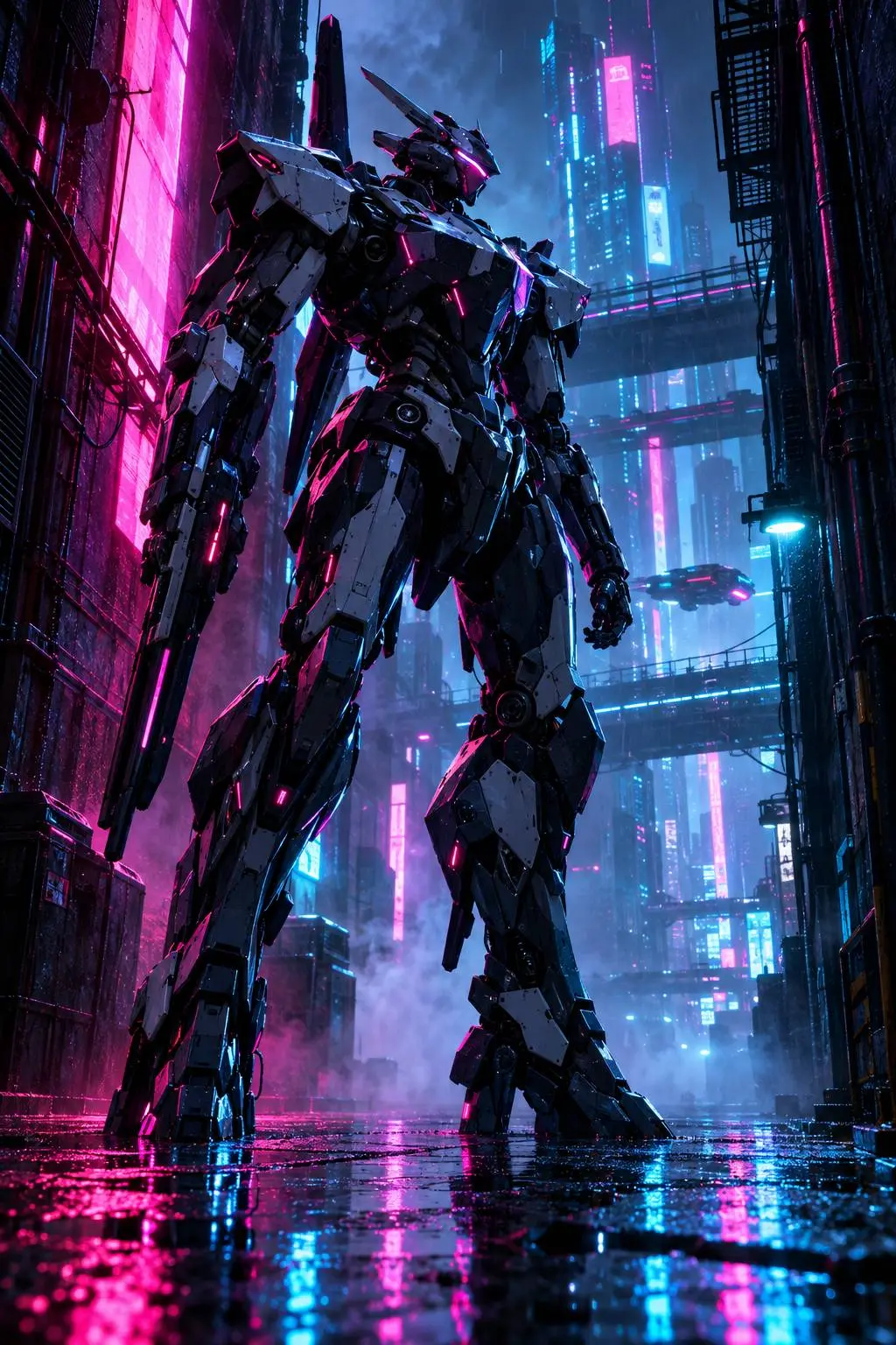 Yağmurla ıslanmış neon ışıklı bir sokakta duran devasa bir mekanik robot.