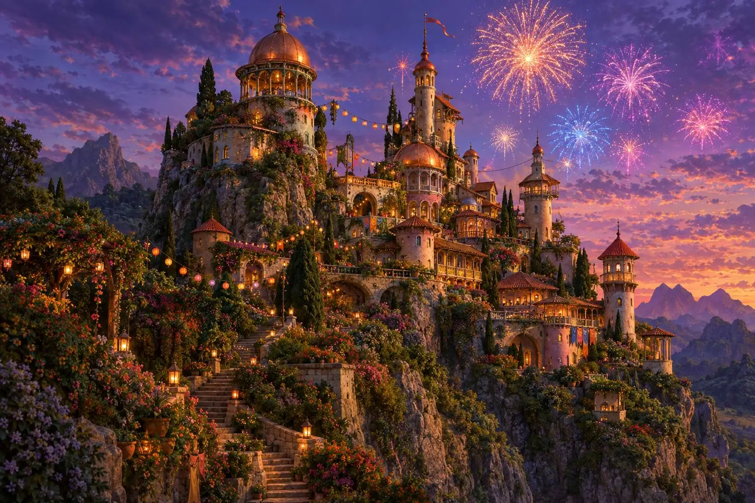 GPT Image 2.5 sample: an original fantasy castle built into a cliffside at dusk with fireworks