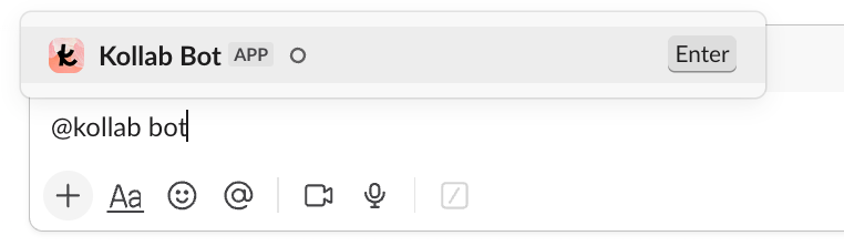 Kollab Bot al ser @mencionado en Slack, respondiendo al instante con datos del espacio de trabajo.