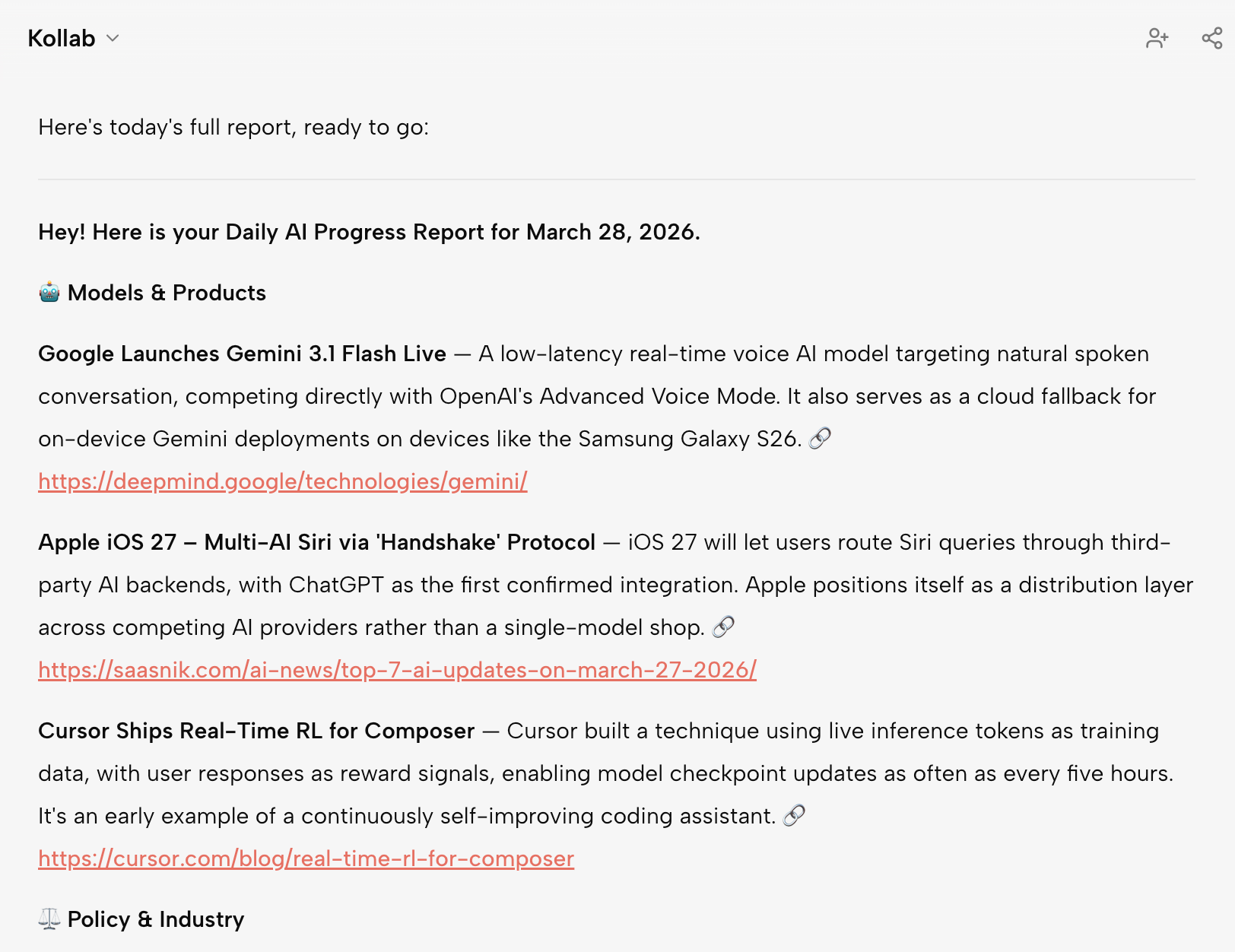 Informe generado por Kollab Bot en Slack, sincronizado automáticamente con el espacio de trabajo del equipo.