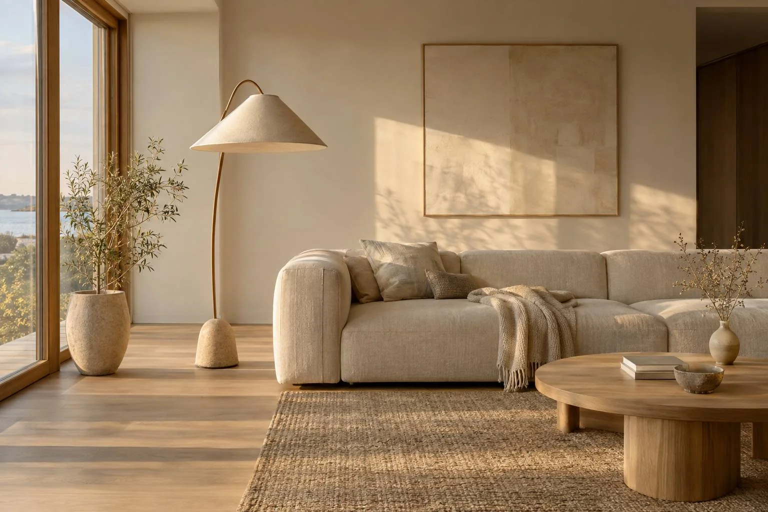 Sıcak öğleden sonra ışığıyla aydınlanan minimalist bir İskandinav oturma odası.