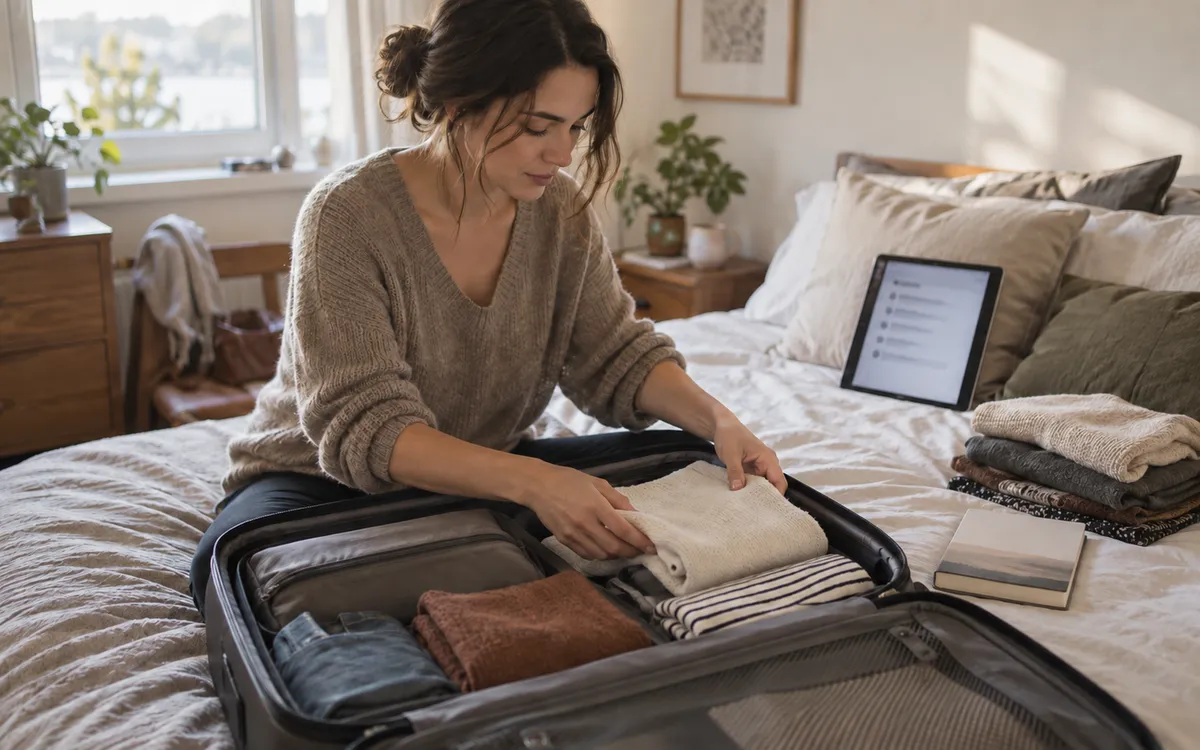 Lista ilustrada de planificación de viajes que muestra tarjetas de ruta, registro de presupuesto, reservas de hotel y tren, íconos de entradas y recordatorios de equipaje.