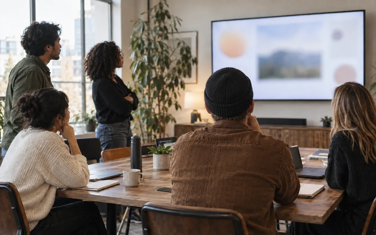 A team watches a projected presentation together, illustrating a shared WWDC briefing.