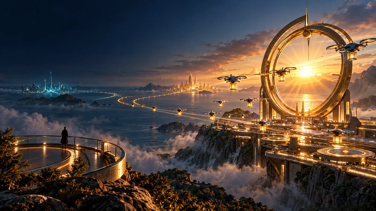 Autonomous courier drones lift off from a cliff-edge launch field at dawn and stream golden light trails toward two distant skylines.