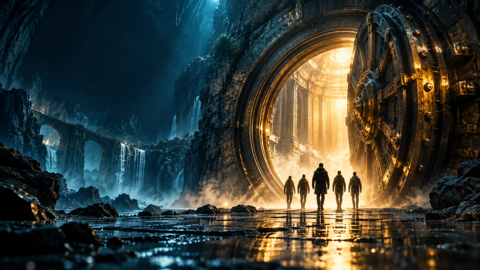 Five people approach a huge illuminated circular vault entrance in a dark cavern beside waterfalls.