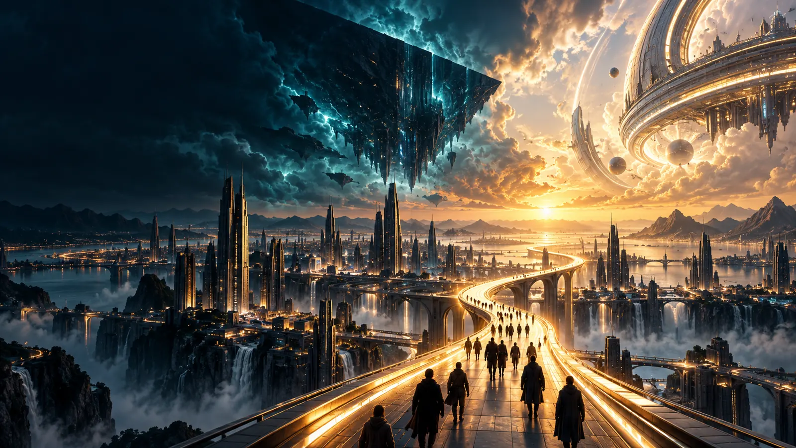 People cross a glowing elevated bridge toward a futuristic city beneath towering structures at sunset.
