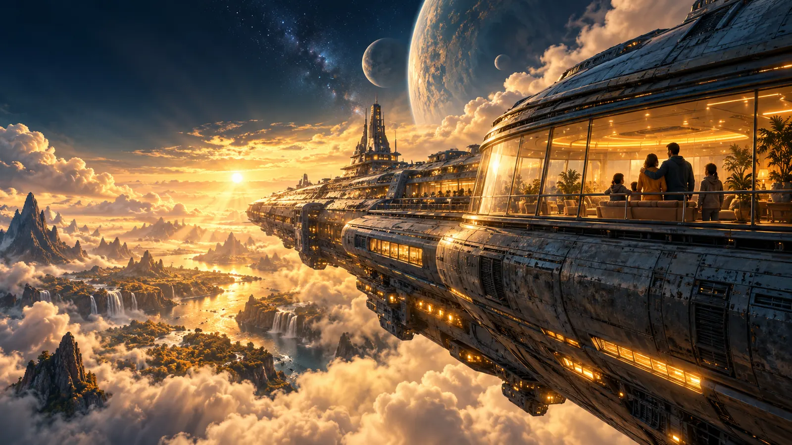 A family watches a sunlit sky and distant planets from the glass observation cabin of a giant airship above the clouds.