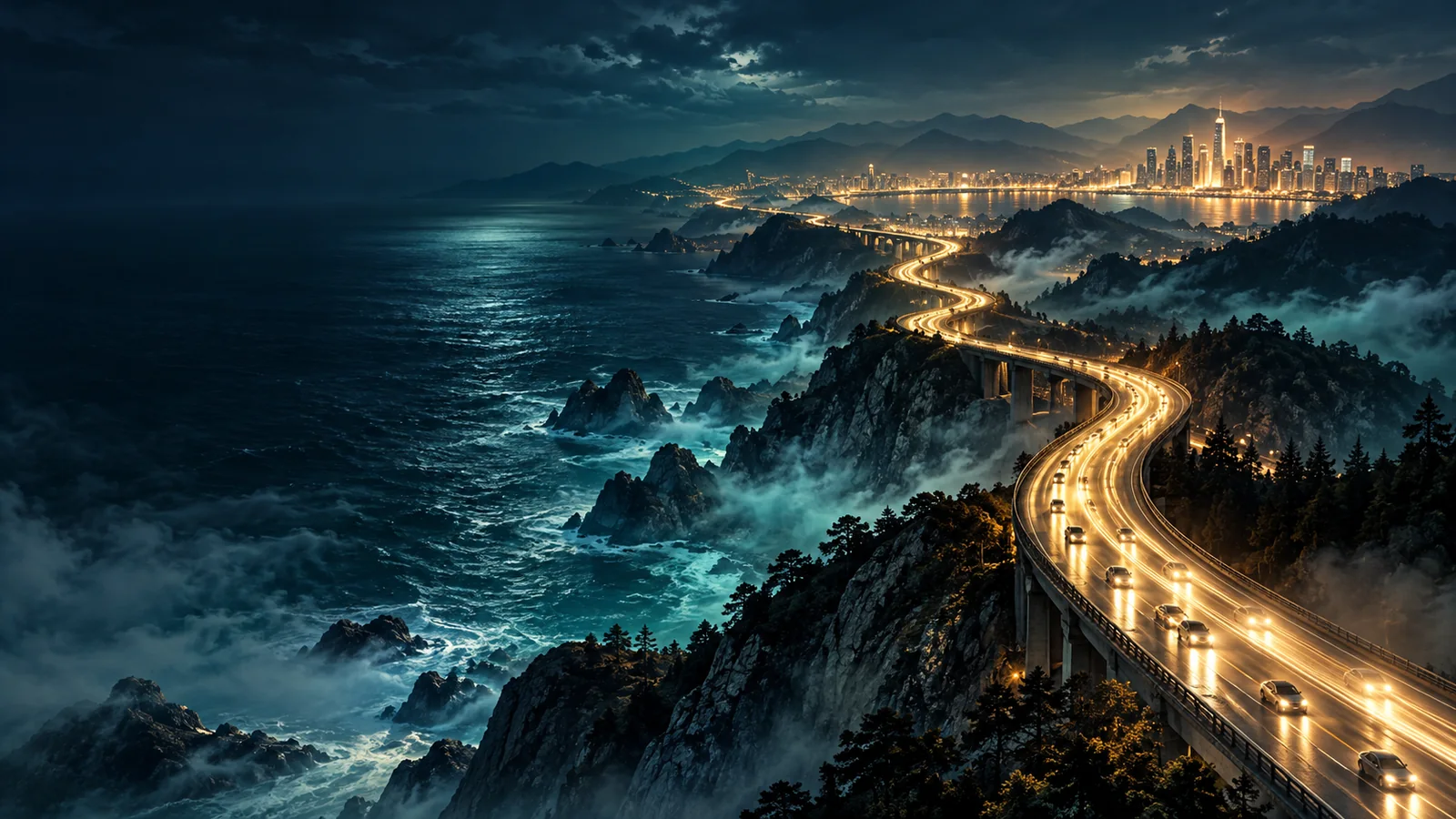 夜色中的海岸公路沿悬崖蜿蜒,车灯连成金色光带,远处城市灯光映亮海岸。