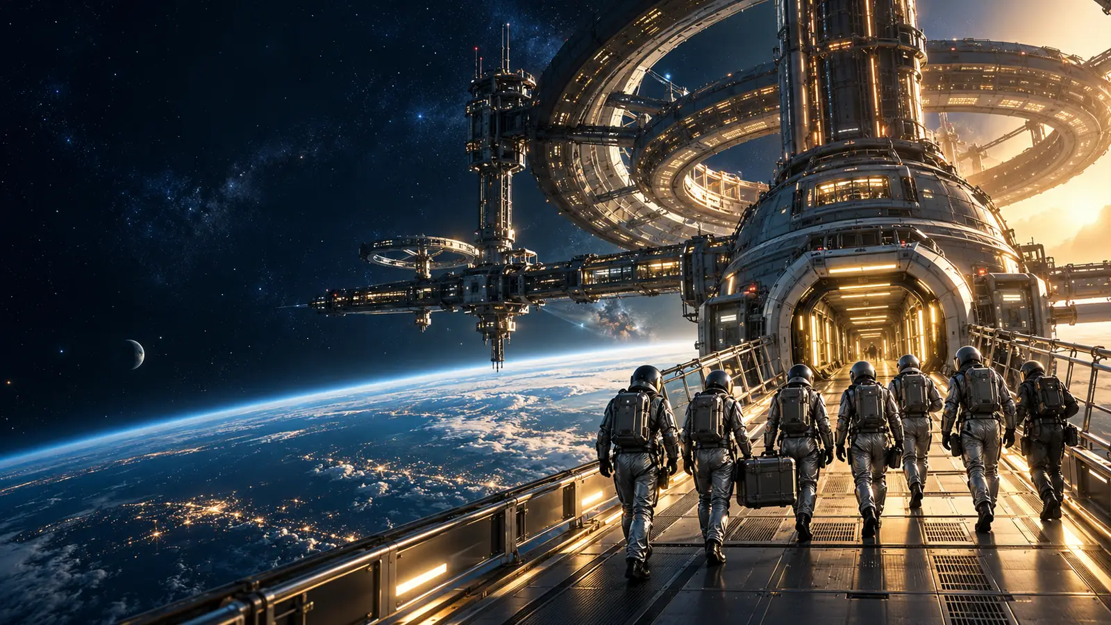 A crew in spacesuits walks toward a golden entrance on an orbital station above Earth.