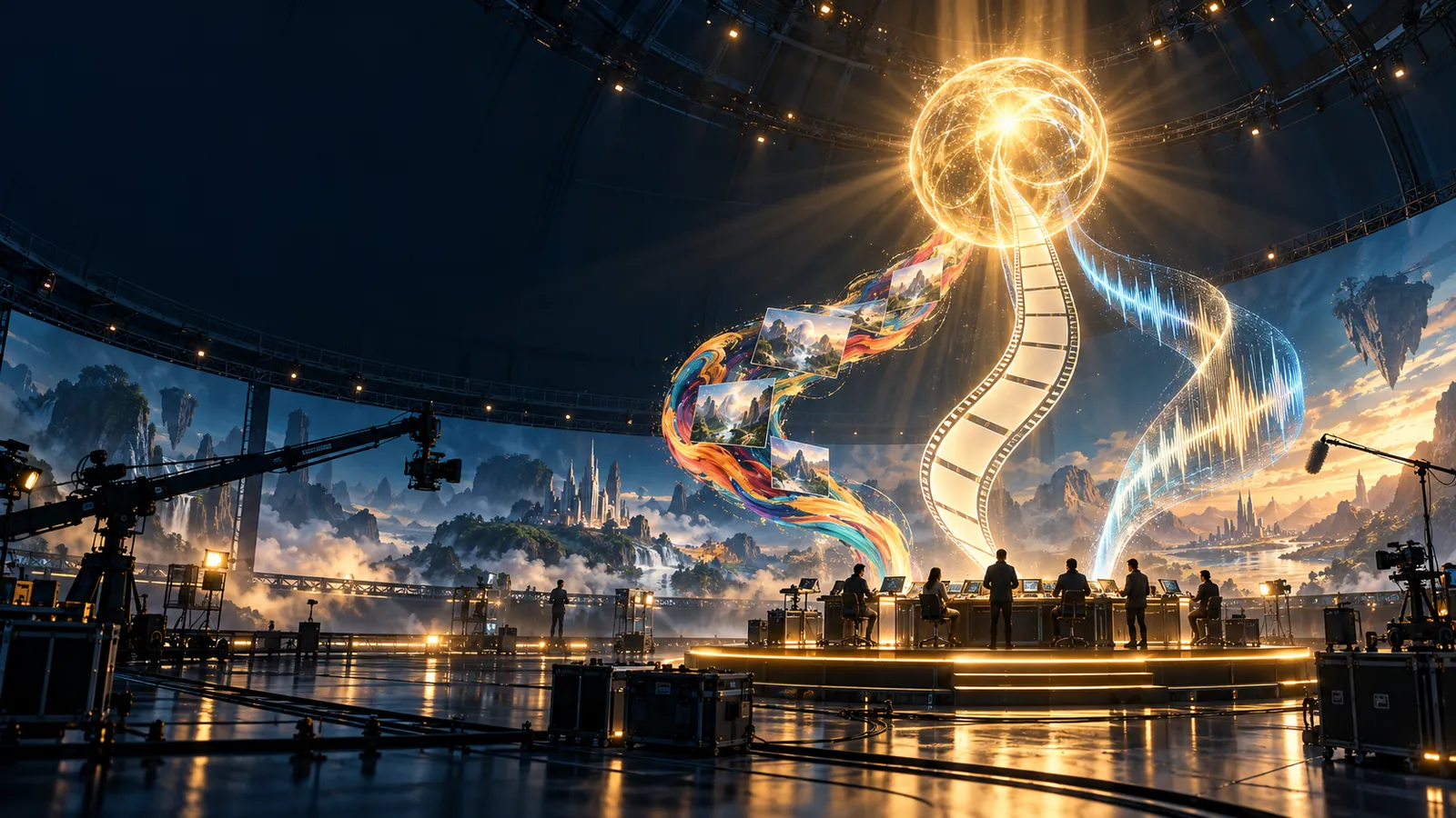 A crew of creators on a raised deck inside a vast virtual-production dome, where three ribbons of light merge into one golden orb.