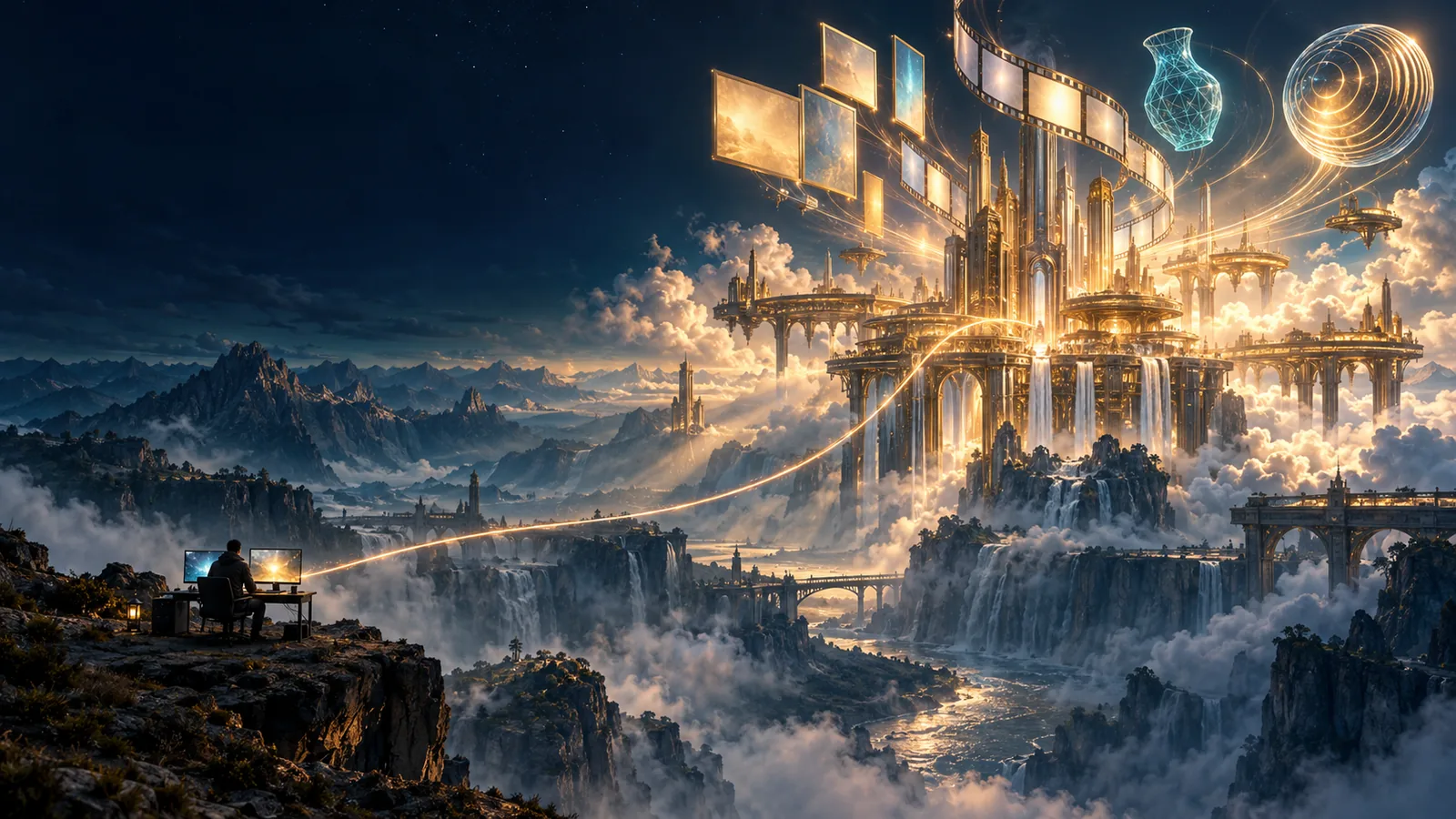 A lone developer at a desk on a mountain ledge sends a thread of golden light across a misty canyon to a cloud-top studio-forge, where picture panels, a film strip, a 3D vase and a sound-wave orb rise into the sky.