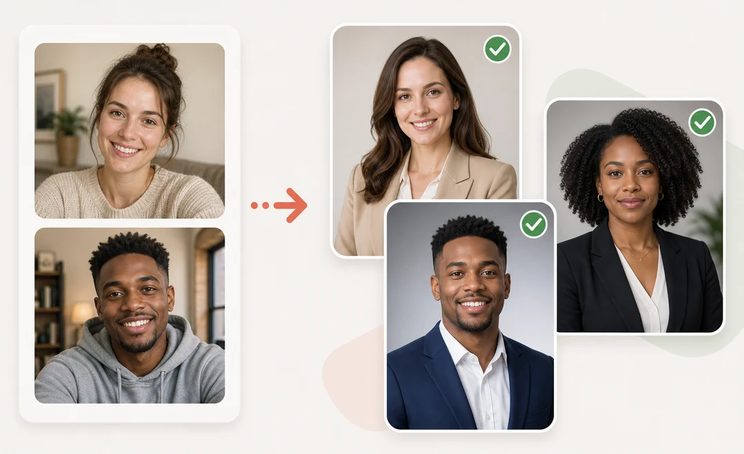 AI LinkedIn photo generator workspace showing casual source portraits and diverse professional headshot candidates ready to compare.