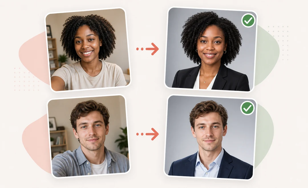 AI LinkedIn photo generator before and after comparison showing a Black woman and a white man transformed from casual portraits into professional profile headshots.