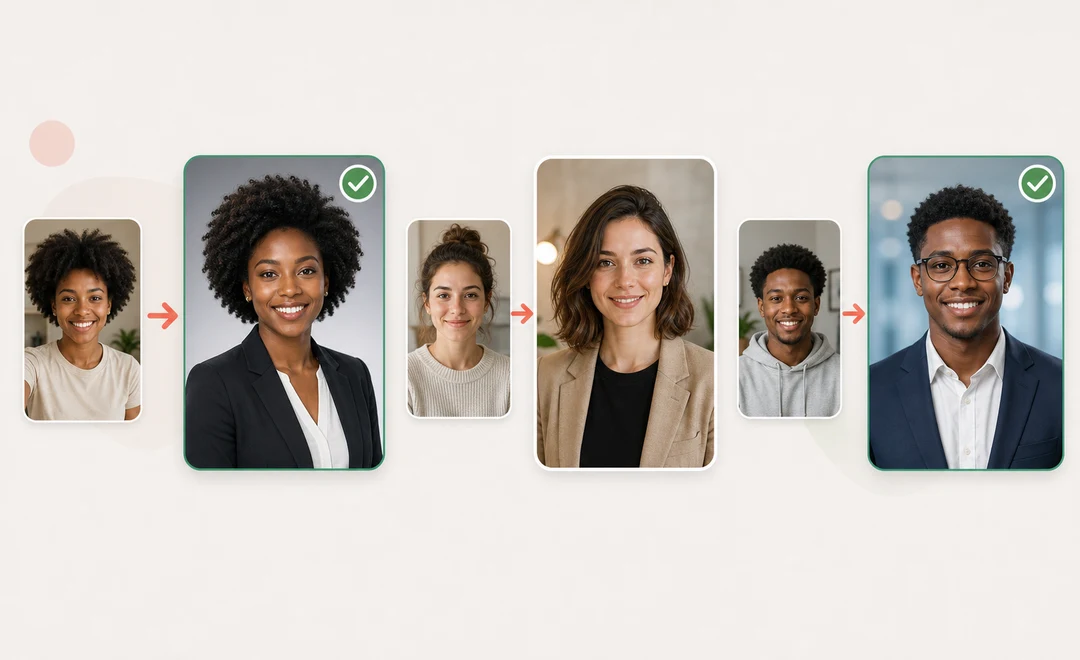 AI LinkedIn photo generator style board showing Black woman, white woman, and Black man portraits transformed into corporate, founder, and tech professional headshots.