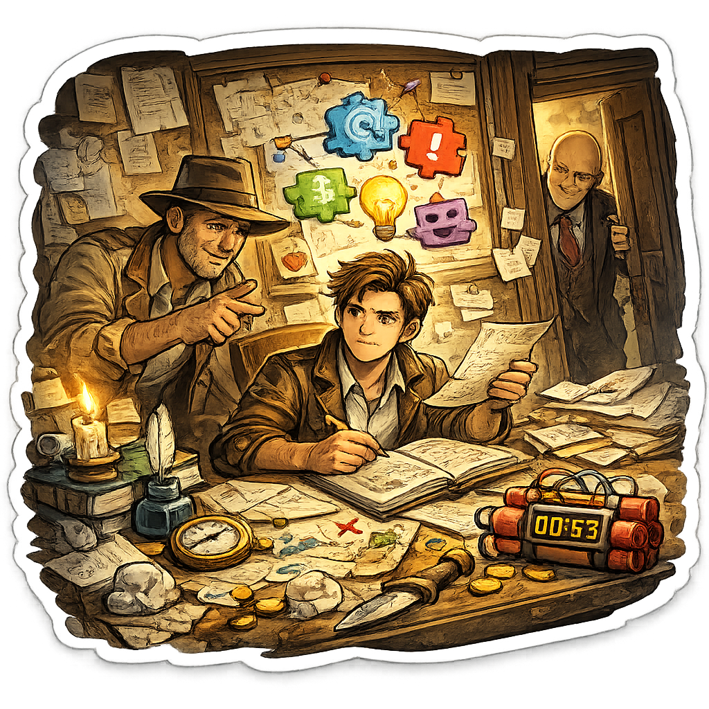 Handgezeichneter Detektiv-Storyraum, in dem Autor, Protagonist, Mentor, verborgener Gegenspieler, Hinweiswand, Konfliktsymbole und Zeitdruck die Handlung entwickeln.