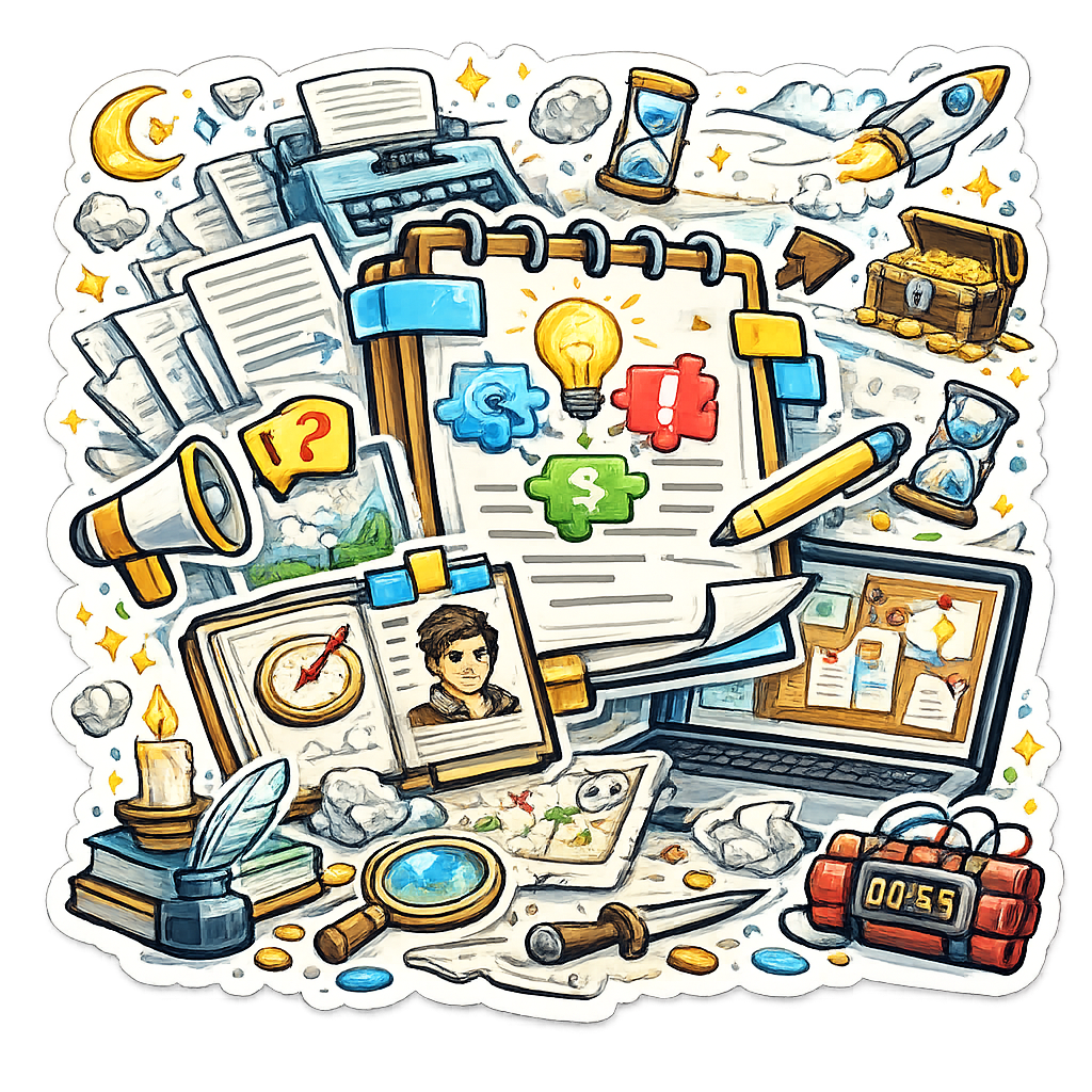 Handgezeichnetes KI-Story-Planungsboard mit Notizbuch, Schreibmaschine, Plot-Puzzleteilen, Figurenkarte, Karte, Rakete, Timer und Schatzkiste, um eine Idee in ein Story-Briefing zu verwandeln.