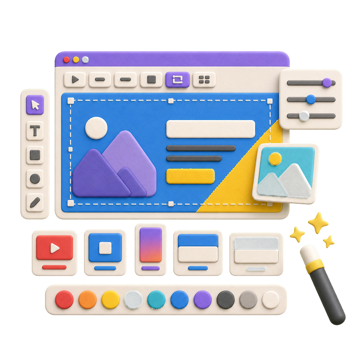 Hand-drawn AI banner maker scene with a brand brief, symbol sketches, color swatches, audience icons, and banner concept cards.