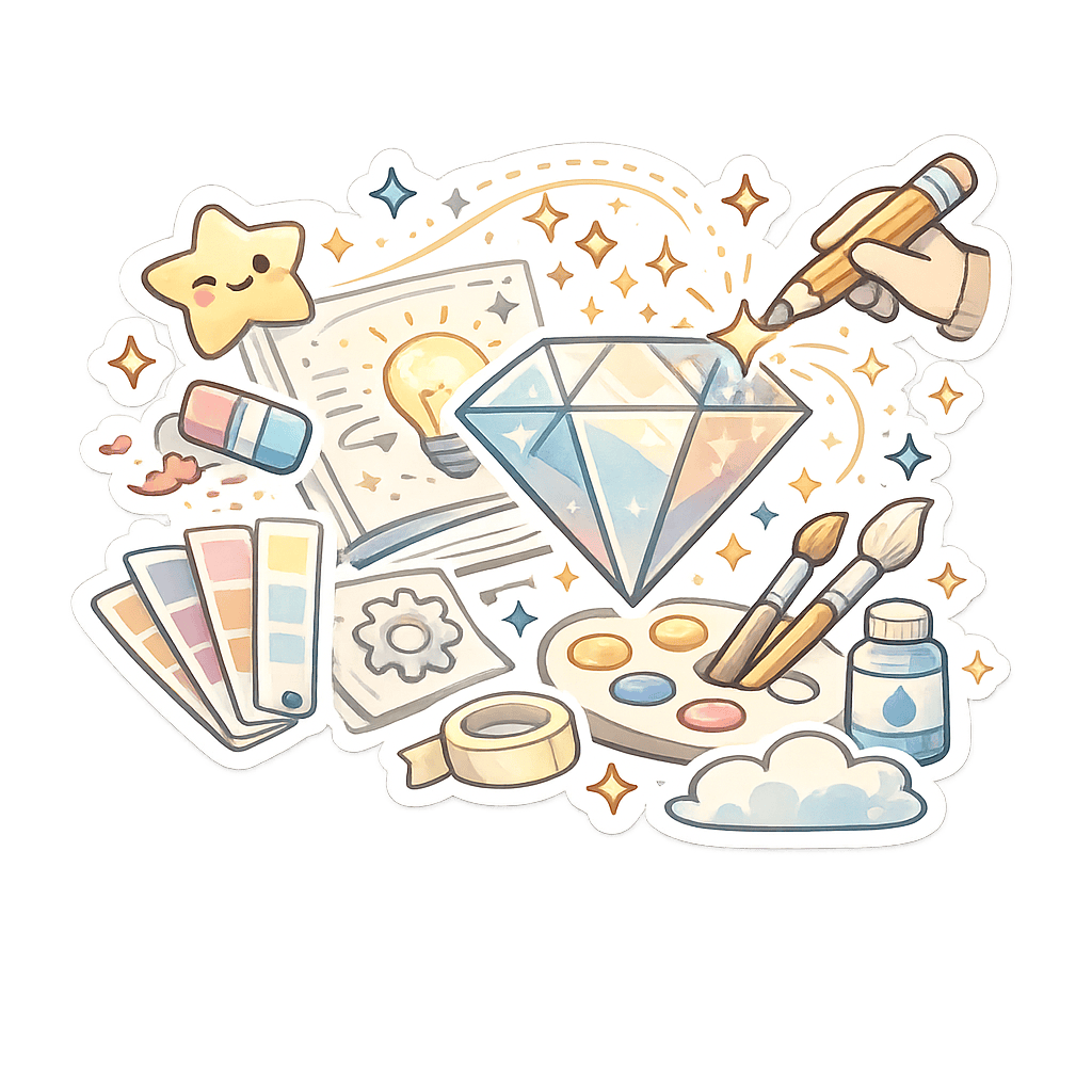 Hand-drawn playful refinement illustration with brushes, color swatches, sparkling stars, and a diamond-like polished visual element.