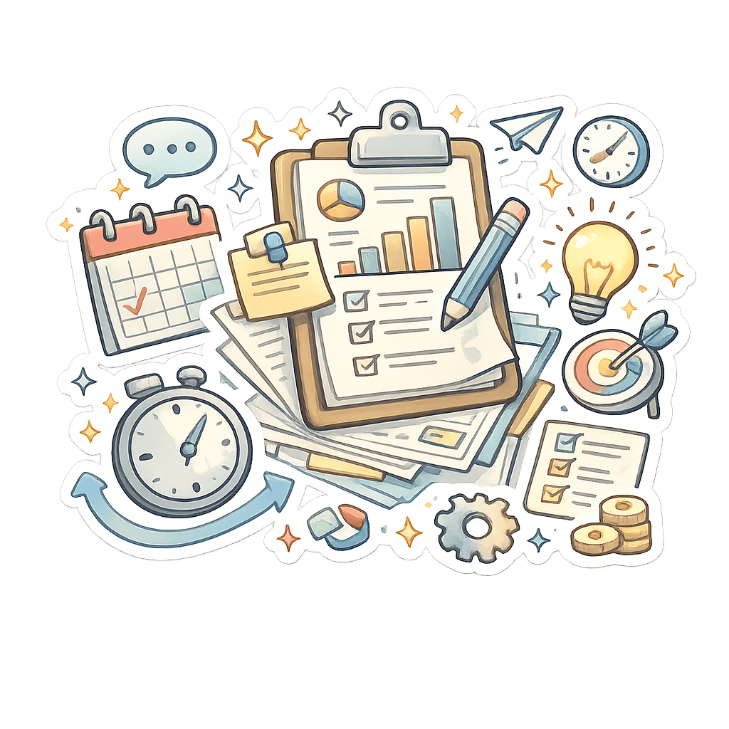 Hand-drawn project workflow illustration with a calendar, checklist, charts, target, and time-management elements.