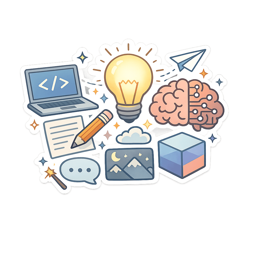 Hand-drawn prompt creation illustration with a code laptop, light bulb, brain, paper airplane, and image inspiration elements.