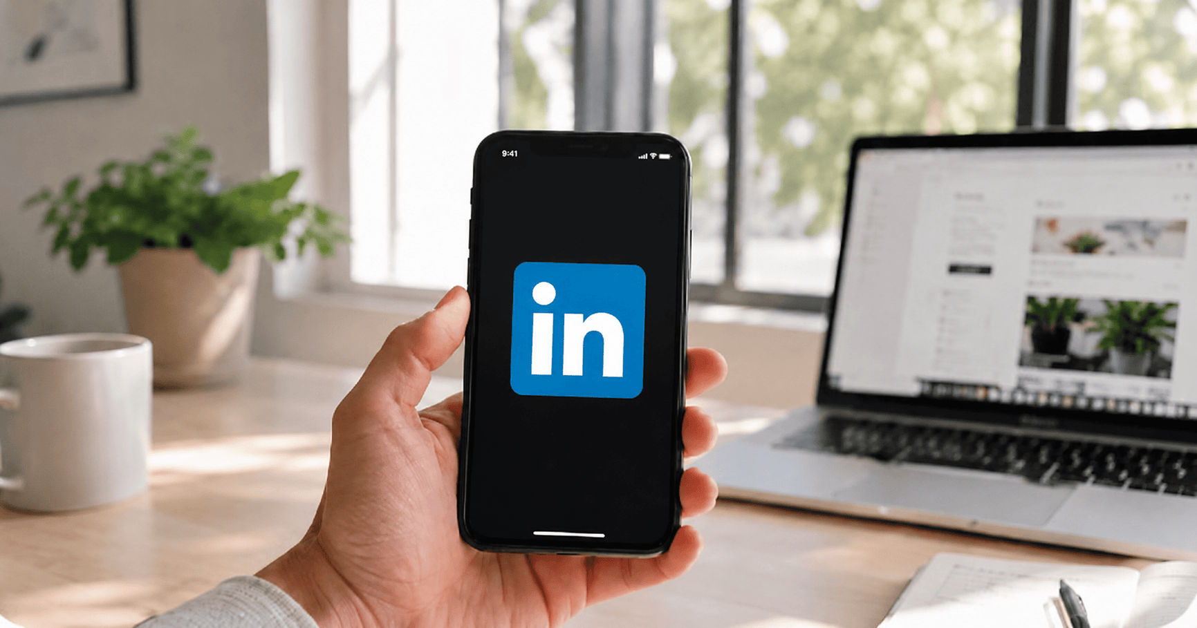 A hand holding a phone with the LinkedIn logo, with a laptop showing LinkedIn in the background.