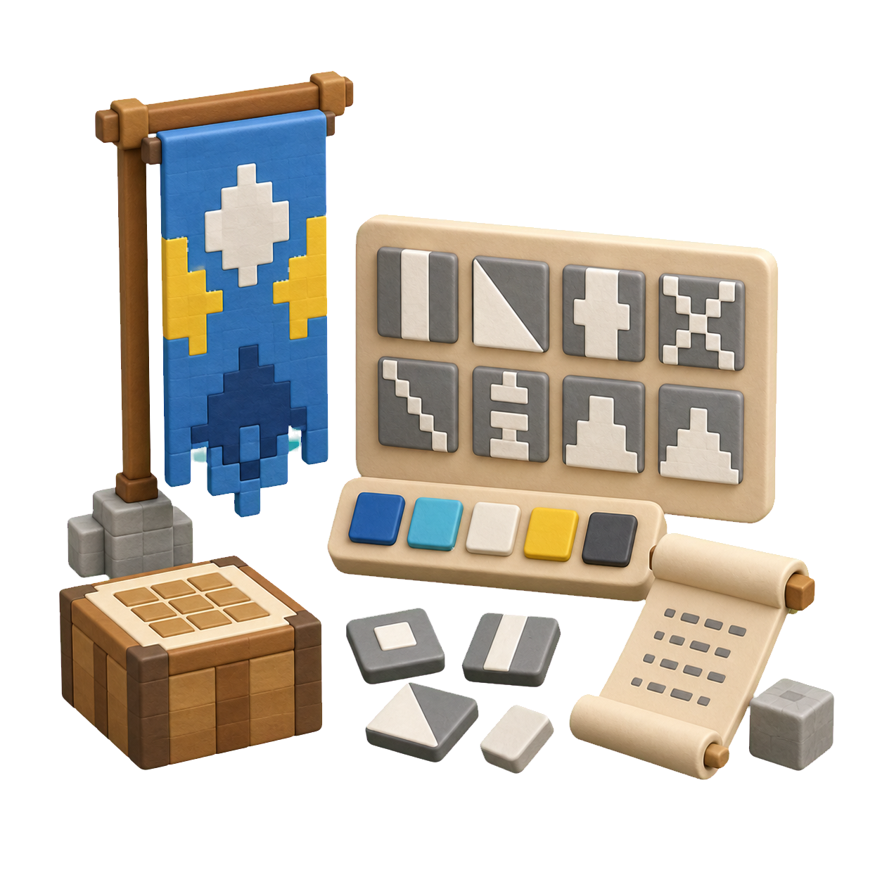 Hand-drawn AI banner maker scene with a server or channel brief, symbol sketches, color swatches, audience icons, and banner concept cards.