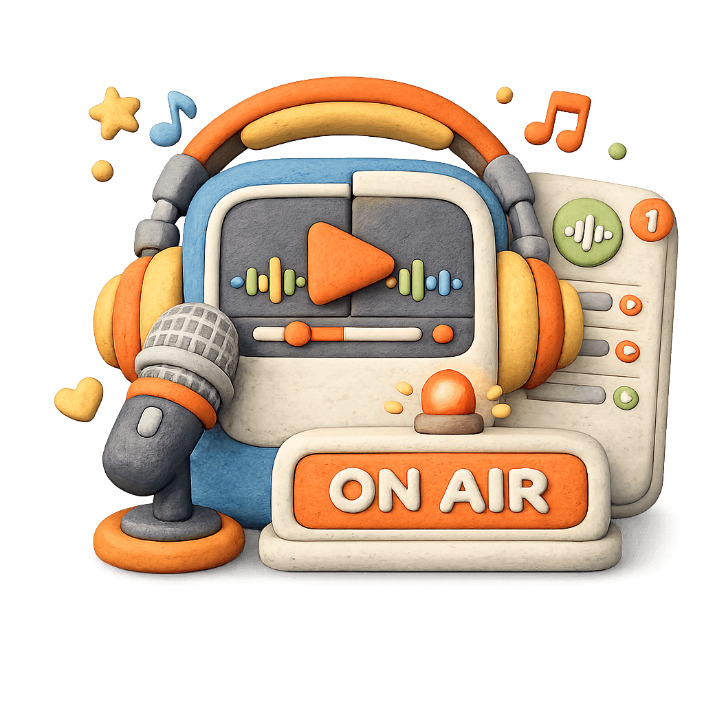 Illustration dessinée à la main de l’analyse d’un épisode de podcast avec URL publique, lecteur mobile, forme d’onde audio, serveurs et liste de transcription horodatée.