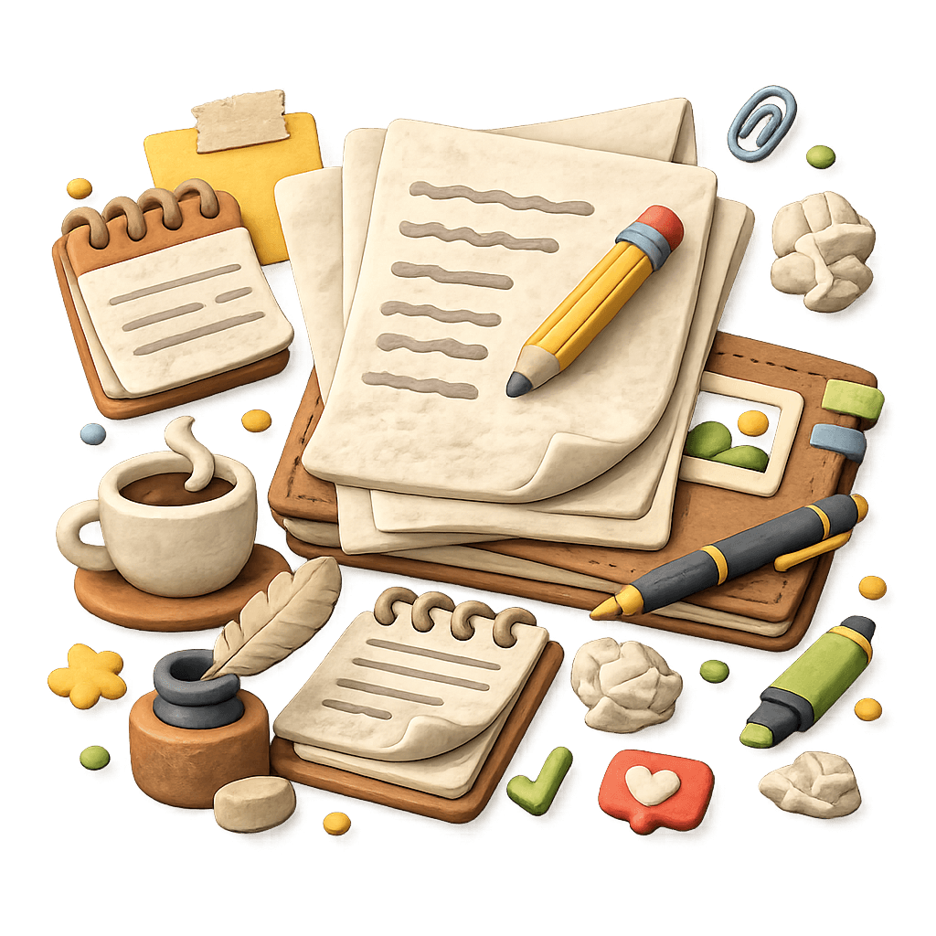 Illustration dessinée à la main de la publication d’une transcription de podcast avec checklist, mégaphone, ordinateur portable, mobile, cartes de contenu et notes prêtes à exporter.