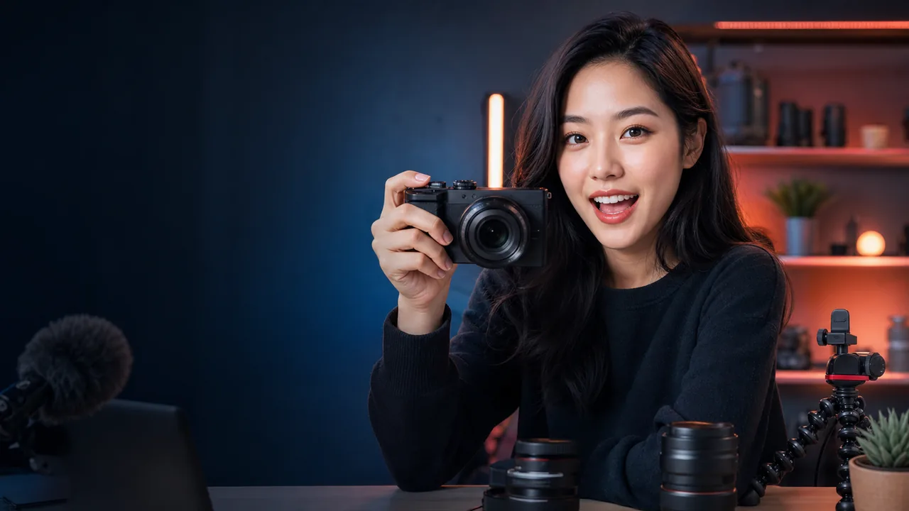 Miniatura di una recensione con una donna che presenta una fotocamera mirrorless in studio