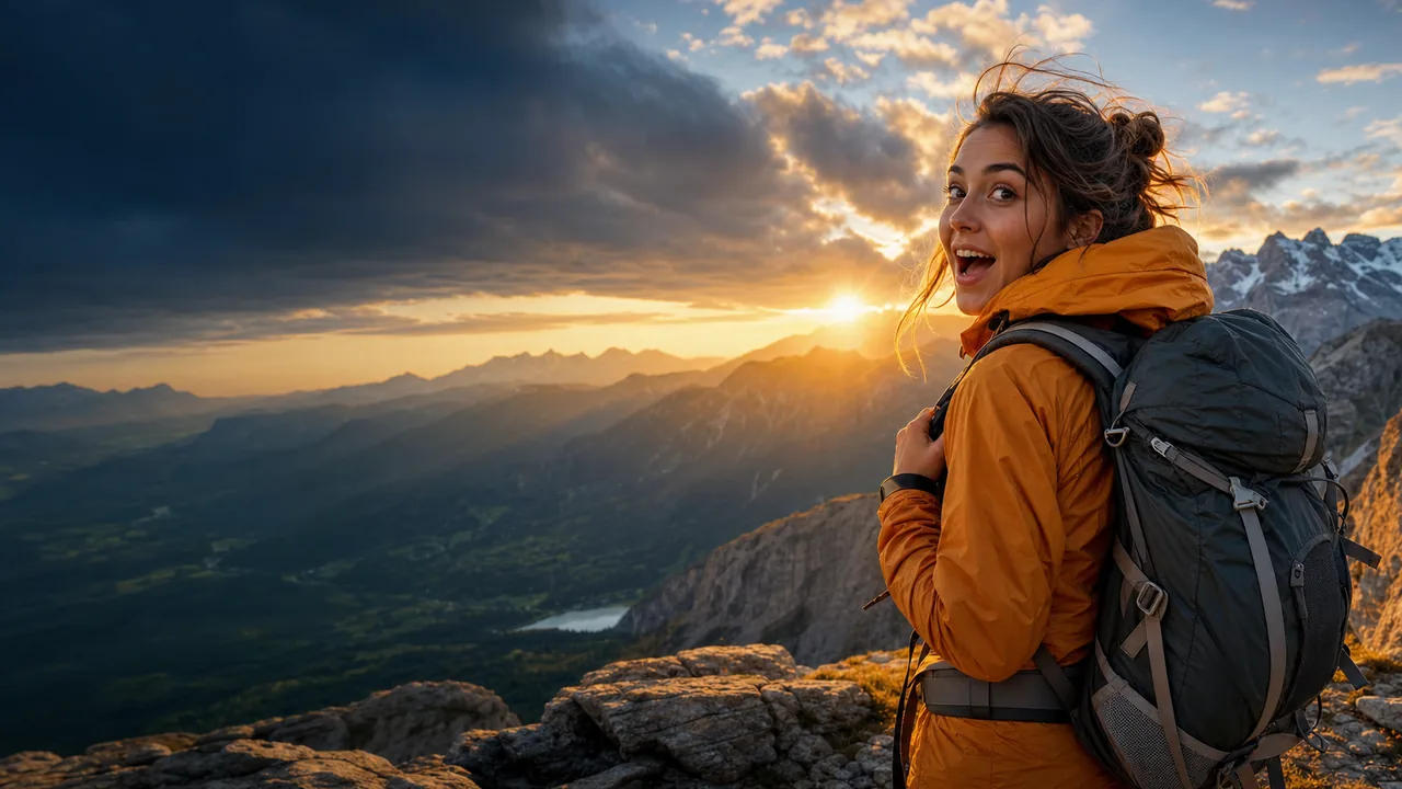 Miniatura di un video di viaggio con un’escursionista che osserva il tramonto dalla cima di una montagna