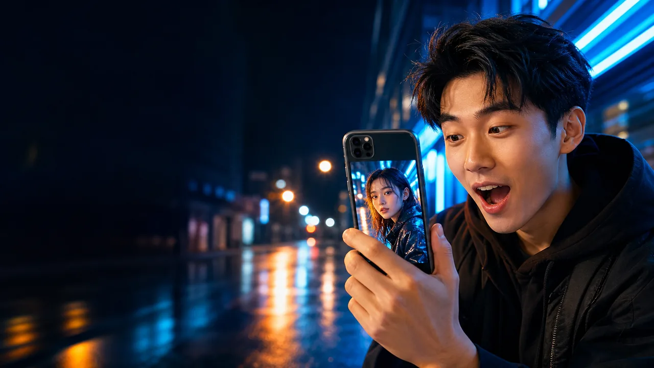 Miniatura di un tutorial con un ragazzo che scatta un ritratto notturno con lo smartphone in una strada illuminata al neon