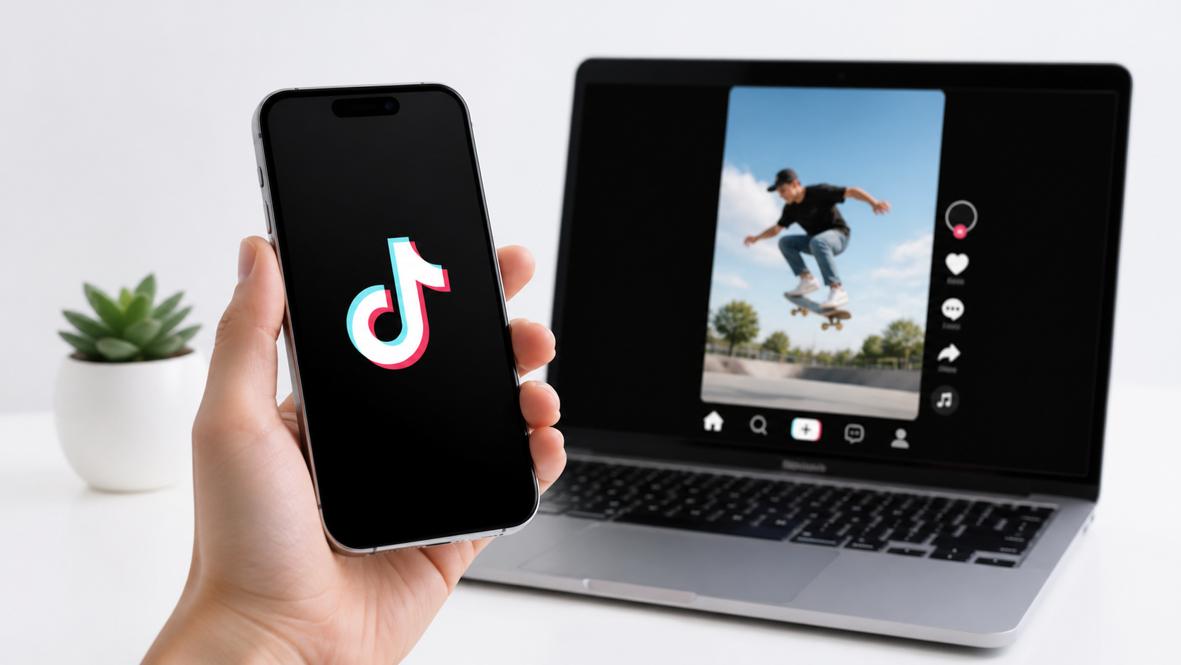 Eine Hand hält ein Smartphone mit TikTok-Logo; im Hintergrund zeigt ein Laptop einen TikTok-ähnlichen vertikalen Videobeitrag.